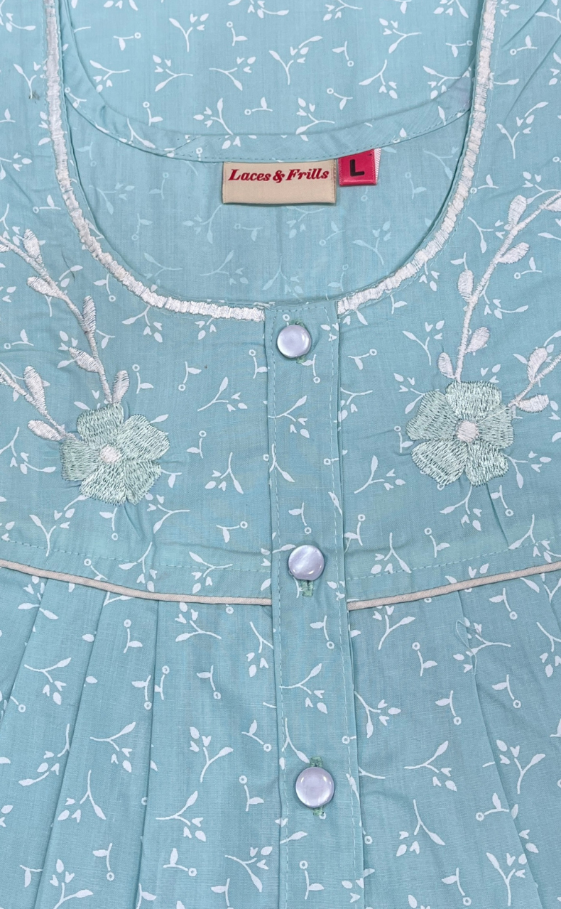 Sea Green Floral Boutique Cotton Nighty. Cotton Fabric | Laces and Frills
