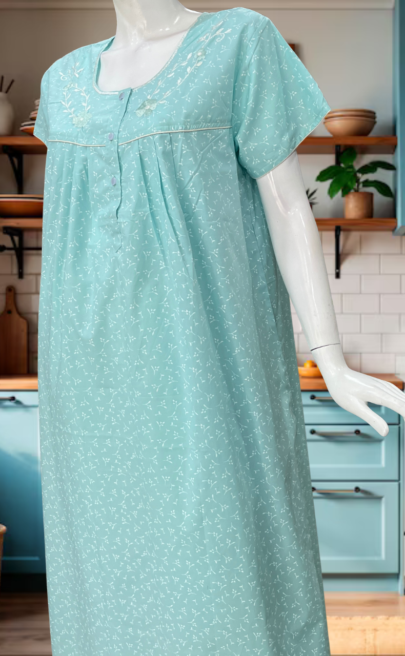 Sea Green Floral Boutique Cotton Nighty. Cotton Fabric | Laces and Frills