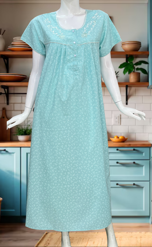 Sea Green Floral Boutique Cotton Nighty. Cotton Fabric | Laces and Frills