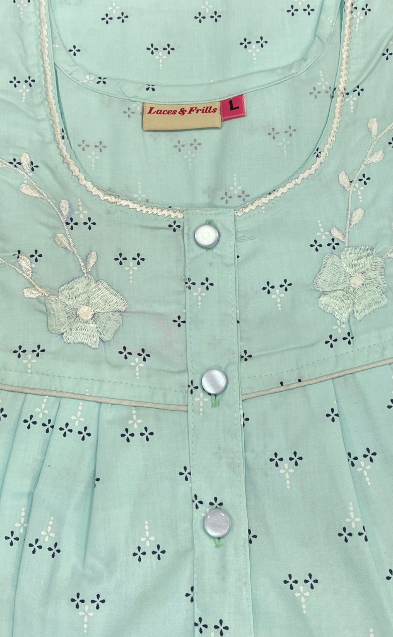 Sea Green Floral Boutique Cotton Nighty. Cotton Fabric | Laces and Frills