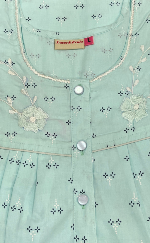 Sea Green Floral Boutique Cotton Nighty. Cotton Fabric | Laces and Frills