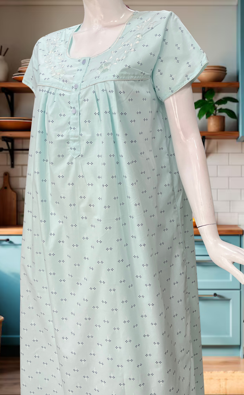 Sea Green Floral Boutique Cotton Nighty. Cotton Fabric | Laces and Frills