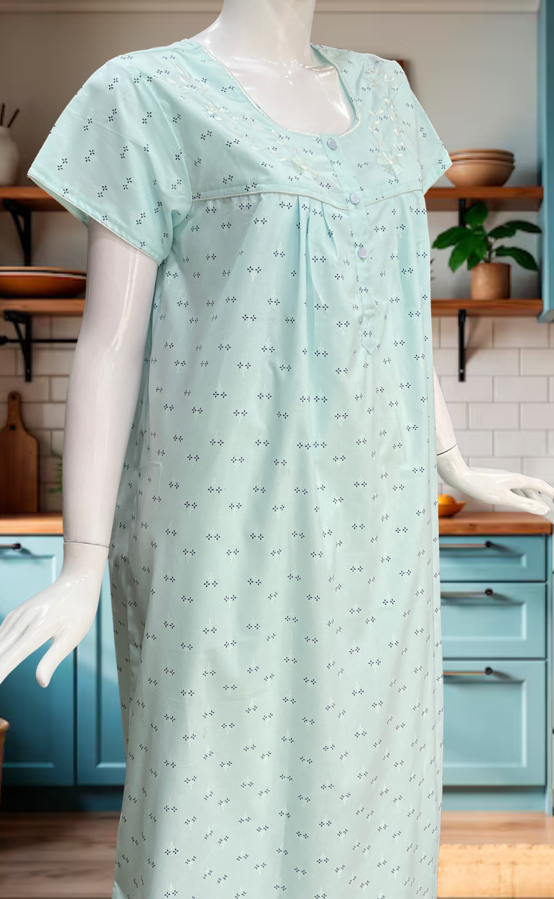 Sea Green Floral Boutique Cotton Nighty. Cotton Fabric | Laces and Frills