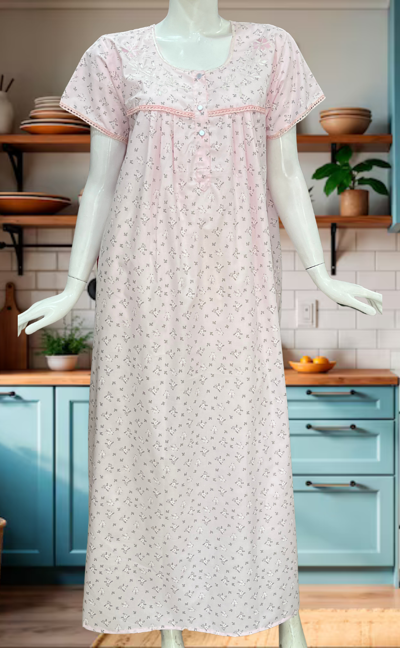 Pink Floral Boutique Cotton Nighty. Cotton Fabric | Laces and Frills