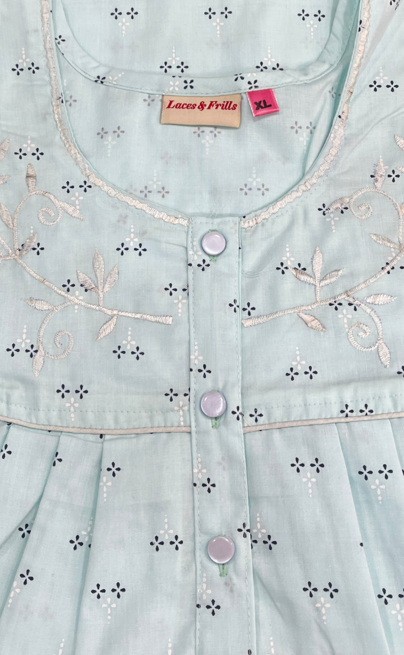 Sea Green Floral Boutique Cotton Nighty. Cotton Fabric | Laces and Frills