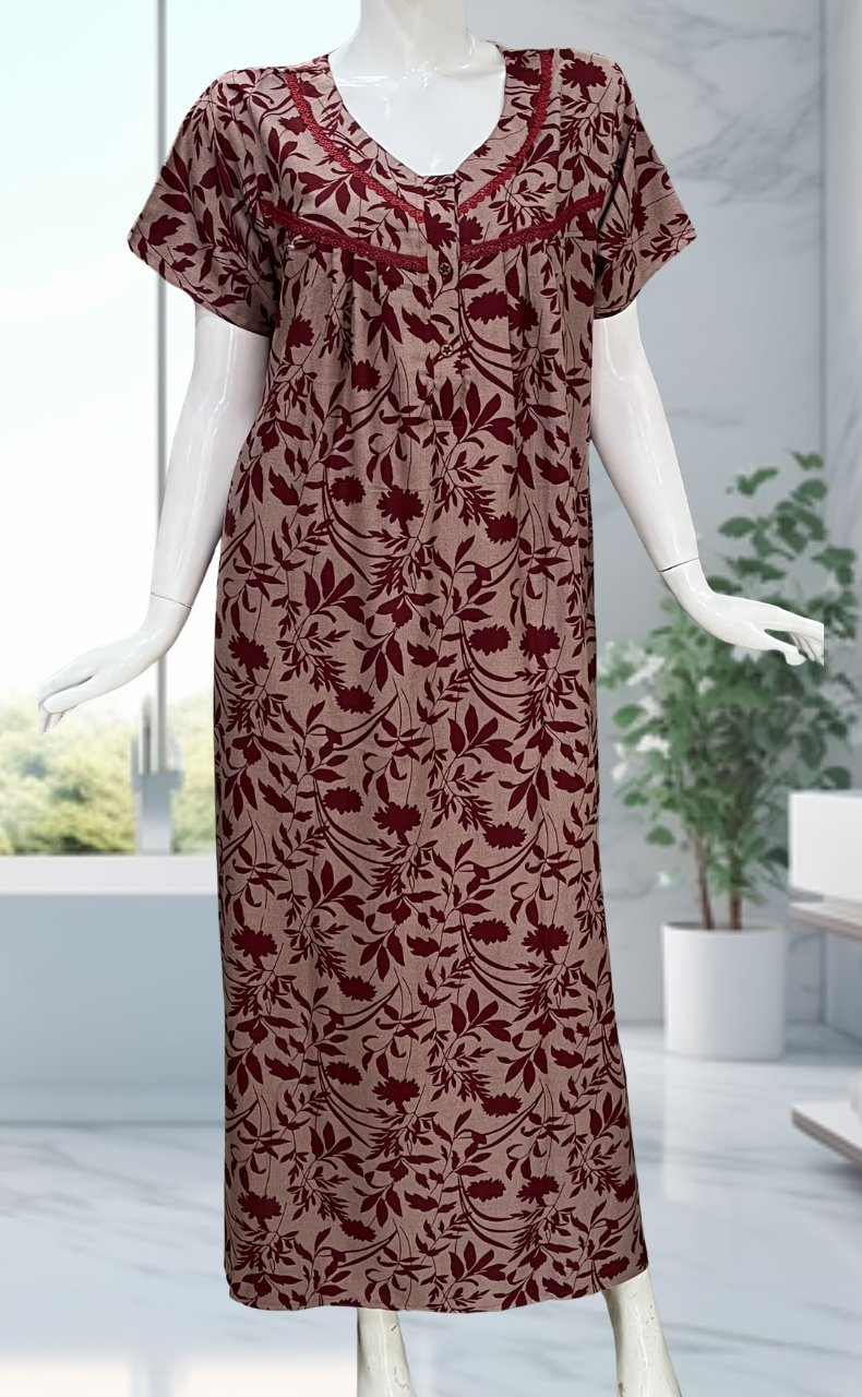 Maroon Garden Spun  Nighty. Flowy Spun Fabric | Laces and Frills