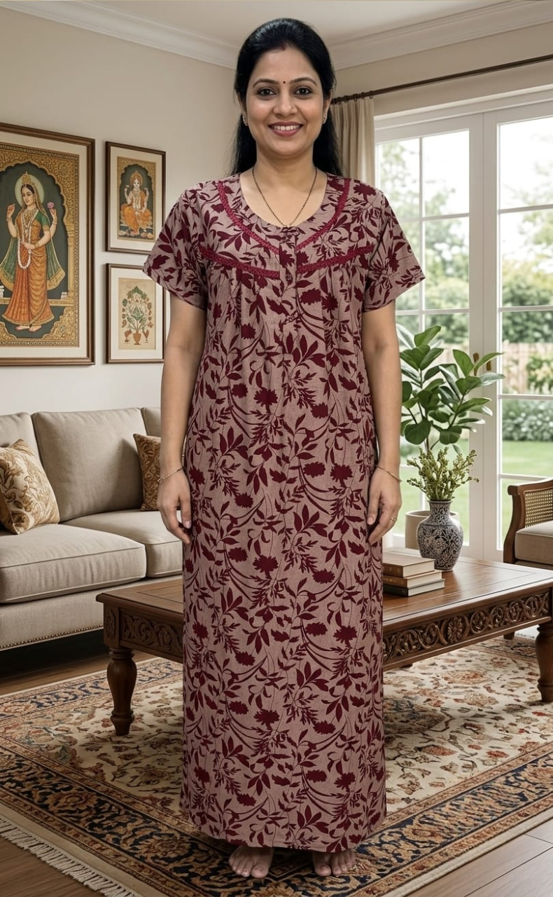 Maroon Garden Spun  Nighty. Flowy Spun Fabric | Laces and Frills