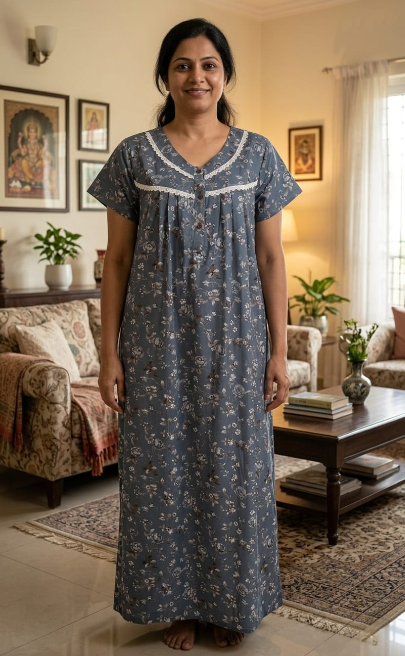 Slate Grey Garden Spun  Nighty. Flowy Spun Fabric | Laces and Frills
