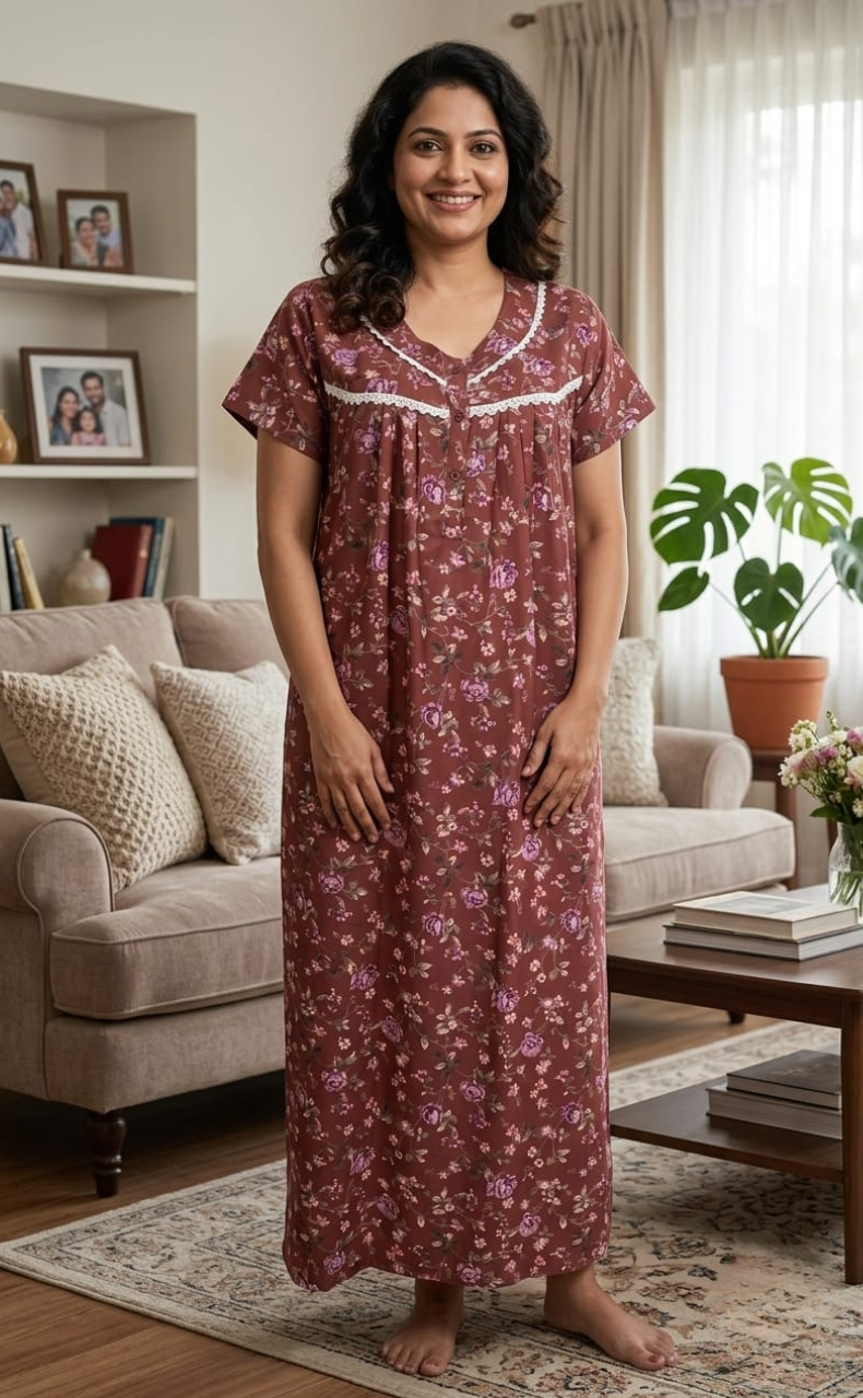 Cordovan Colour Garden Spun  Nighty. Flowy Spun Fabric | Laces and Frills
