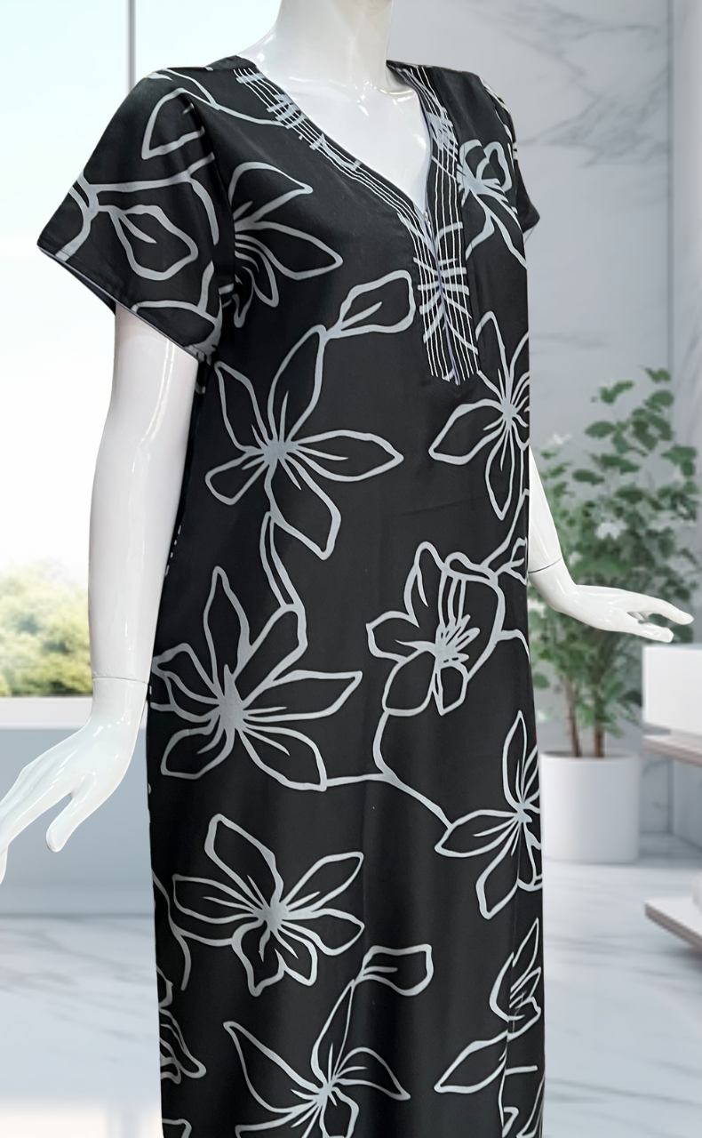 Black Floral Spun Nighty. Flowy Spun Fabric | Laces and Frills