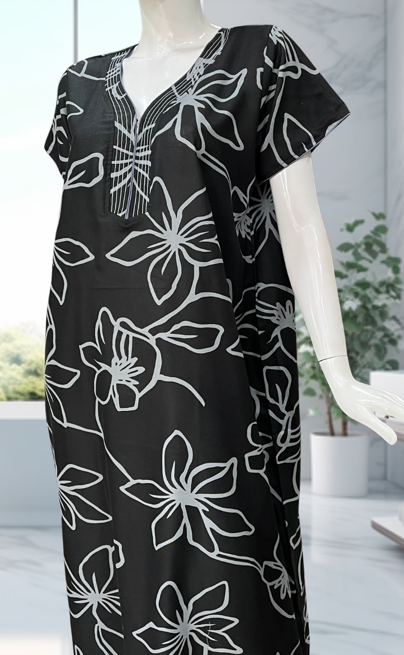 Black Floral Spun Nighty. Flowy Spun Fabric | Laces and Frills