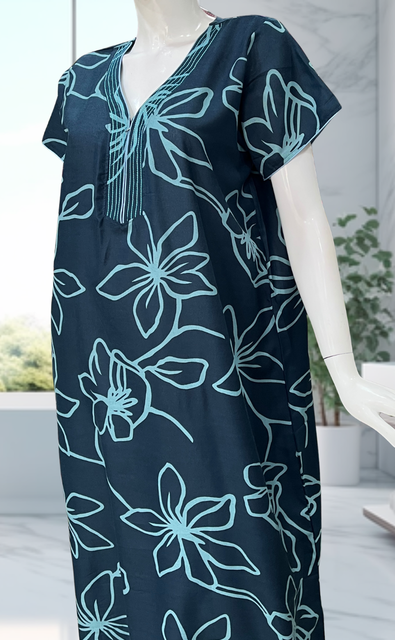 Teal Blue Floral Spun Nighty. Flowy Spun Fabric | Laces and Frills