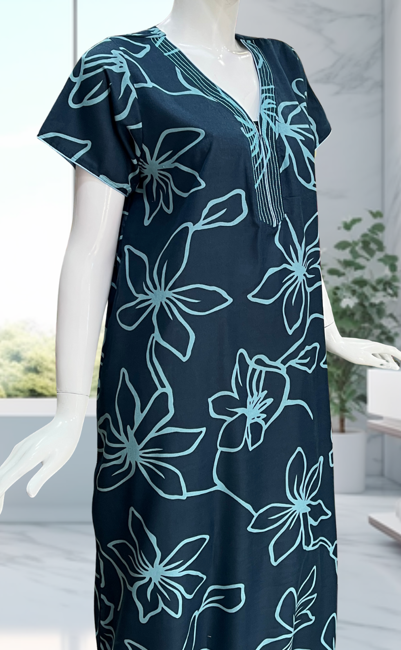 Teal Blue Floral Spun Nighty. Flowy Spun Fabric | Laces and Frills