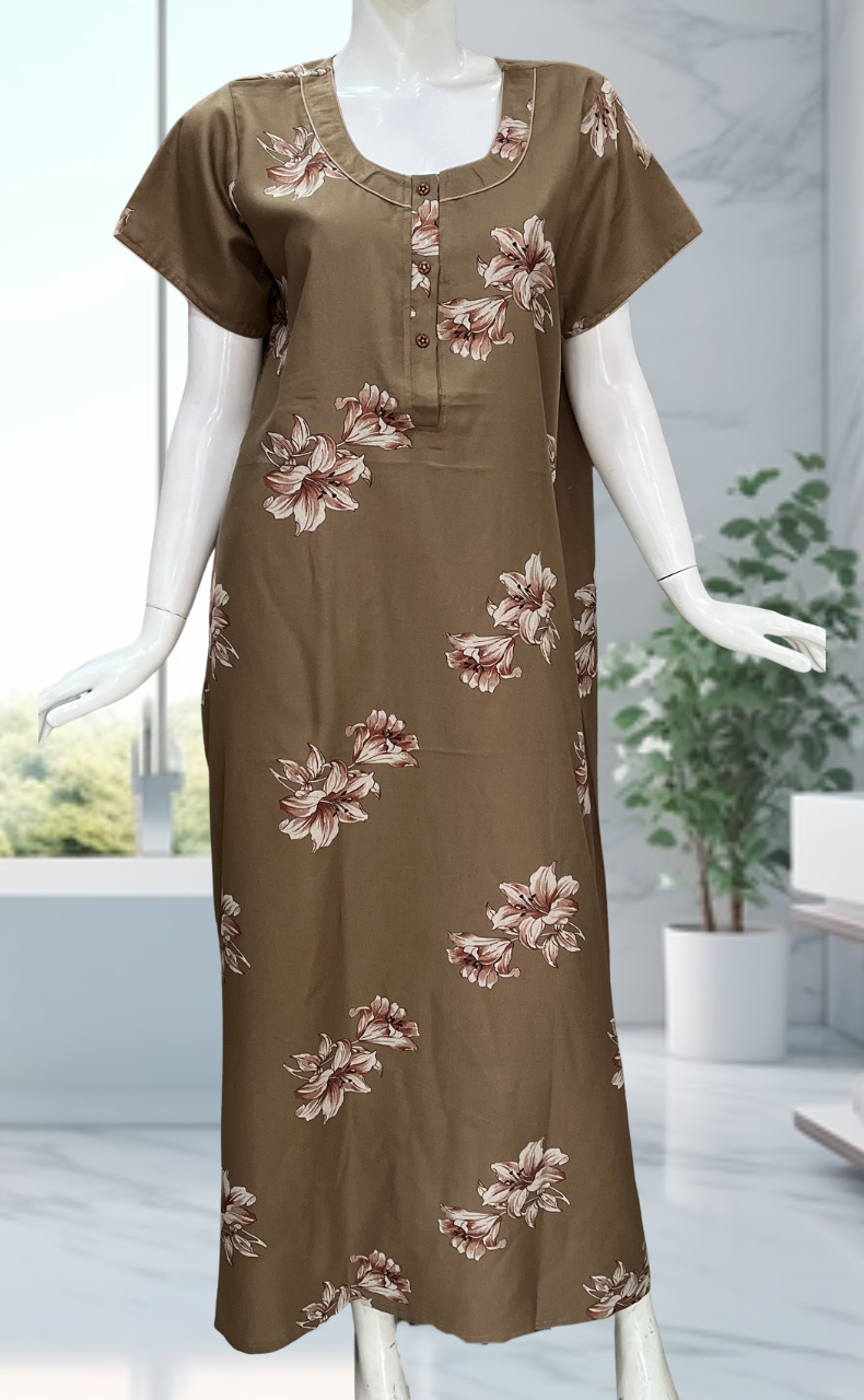 Beige Floral Spun Nighty. Flowy Spun Fabric | Laces and Frills