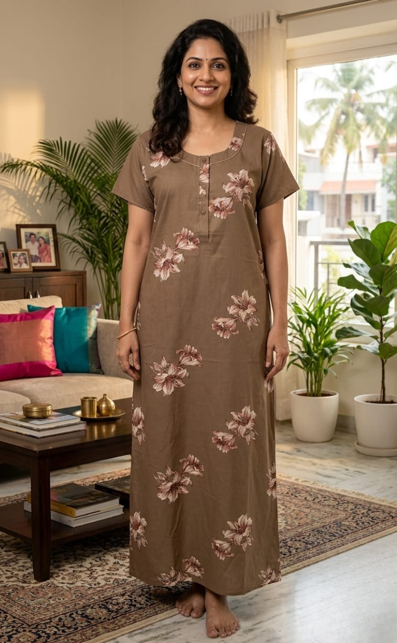 Beige Floral Spun Nighty. Flowy Spun Fabric | Laces and Frills