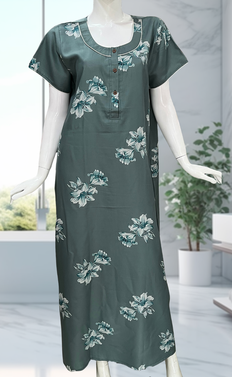 Light Sea Green Floral Spun Nighty. Flowy Spun Fabric | Laces and Frills