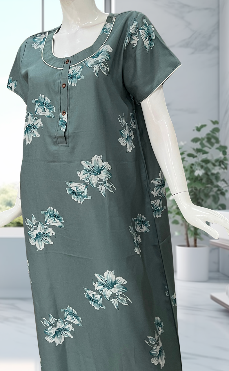 Light Sea Green Floral Spun Nighty. Flowy Spun Fabric | Laces and Frills