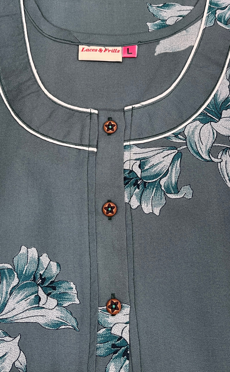 Light Sea Green Floral Spun Nighty. Flowy Spun Fabric | Laces and Frills