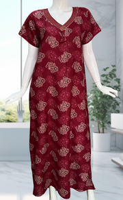 Maroon Garden Spun Nighty. Flowy Spun Fabric | Laces and Frills