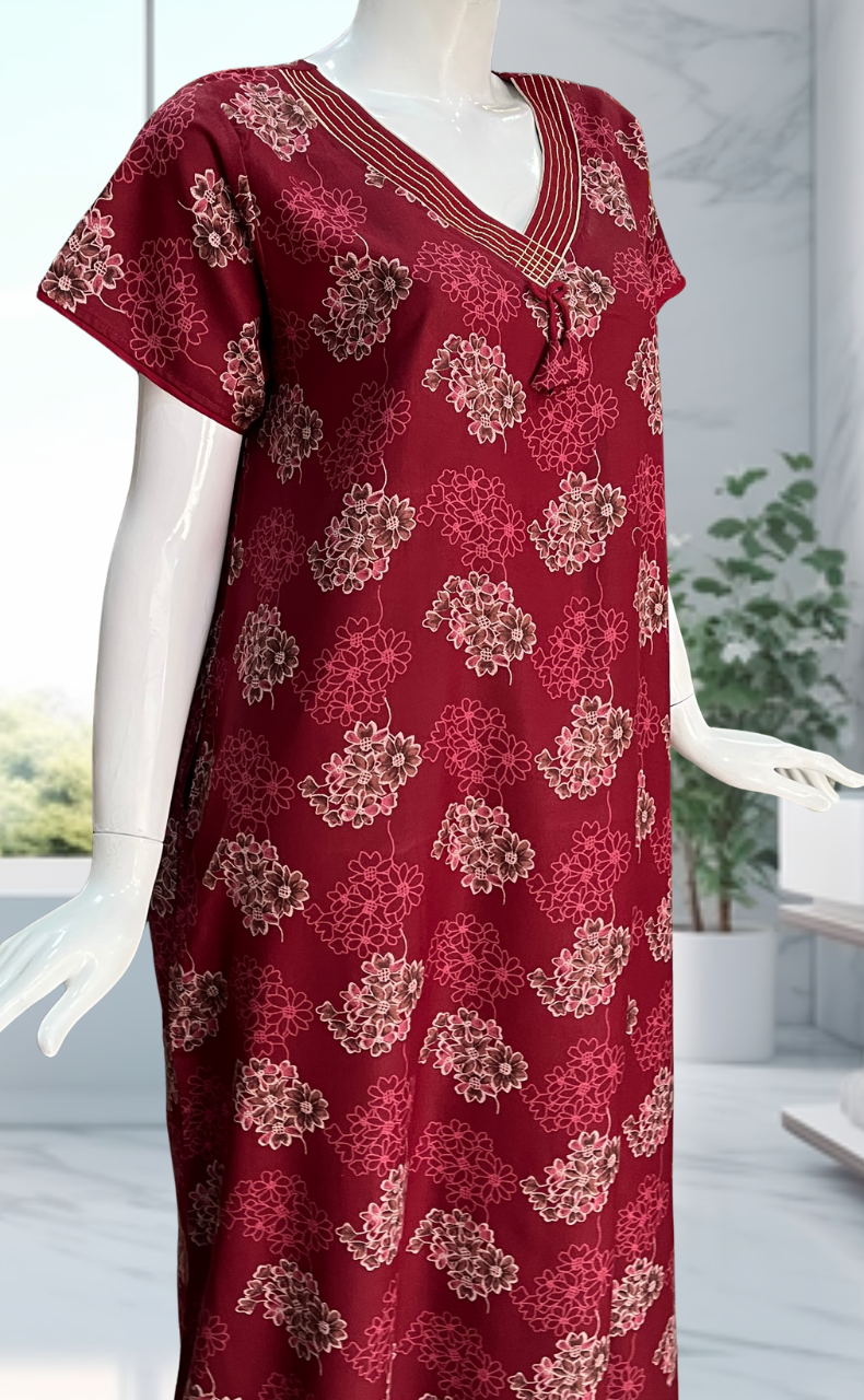 Maroon Garden Spun Nighty. Flowy Spun Fabric | Laces and Frills