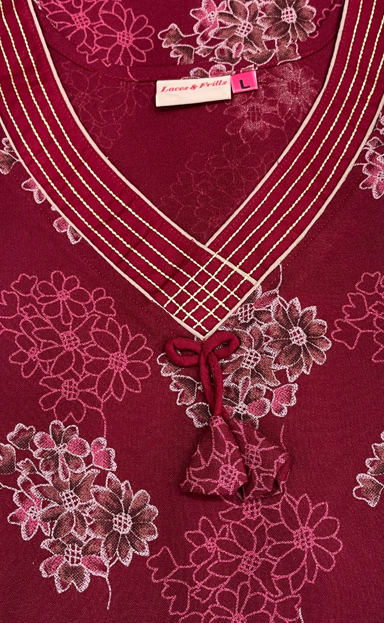 Maroon Garden Spun Nighty. Flowy Spun Fabric | Laces and Frills