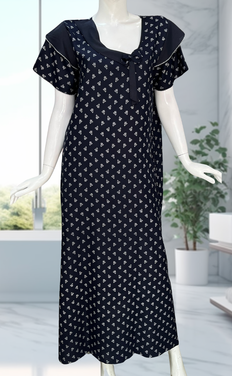 Navy Blue Tiny Floral Spun Nighty. Flowy Spun Fabric | Laces and Frills - Laces and Frills