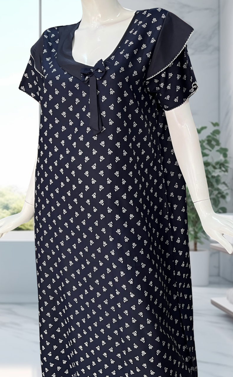 Navy Blue Tiny Floral Spun Nighty. Flowy Spun Fabric | Laces and Frills - Laces and Frills