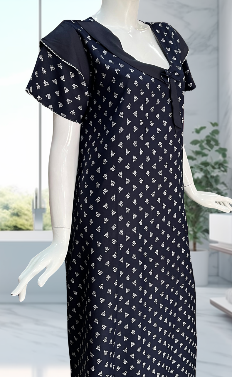 Navy Blue Tiny Floral Spun Nighty. Flowy Spun Fabric | Laces and Frills - Laces and Frills