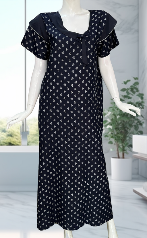 Navy Blue Tiny Floral Spun Nighty. Flowy Spun Fabric | Laces and Frills - Laces and Frills
