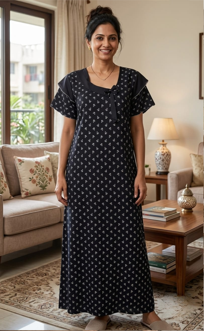 Navy Blue Tiny Floral Spun Nighty. Flowy Spun Fabric | Laces and Frills
