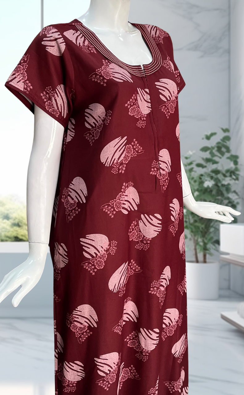 Maroon Floral Spun Nighty. Flowy Spun Fabric | Laces and Frills