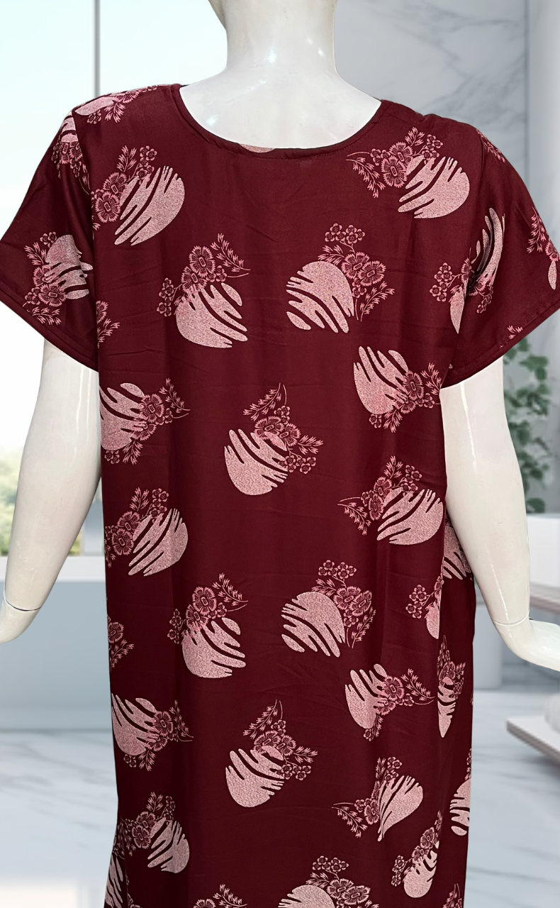 Maroon Floral Spun Nighty. Flowy Spun Fabric | Laces and Frills