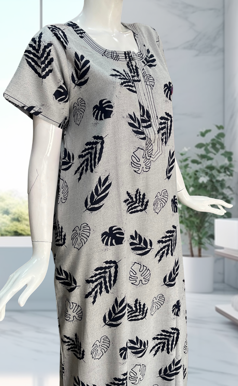 Grey/Blue Leafy Spun Nighty. Flowy Spun Fabric | Laces and Frills