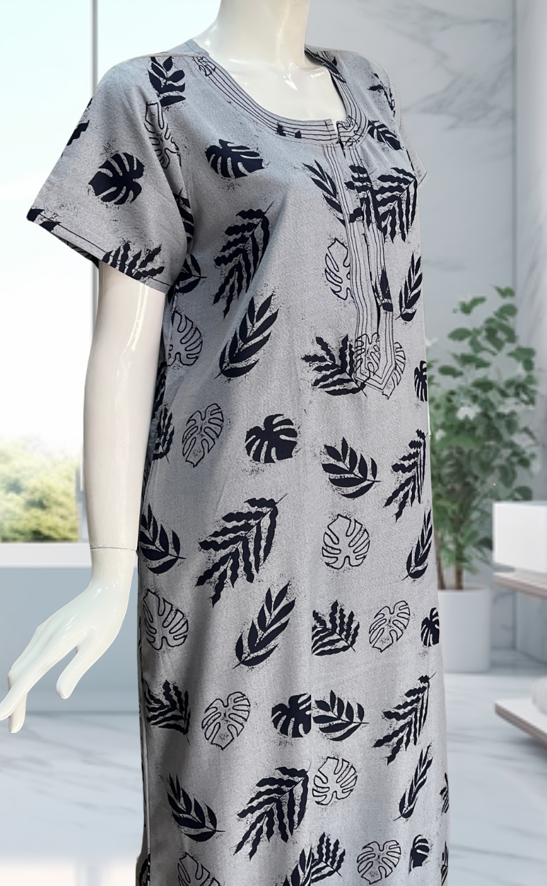 Navy Blue Leafy Spun Nighty. Flowy Spun Fabric | Laces and Frills