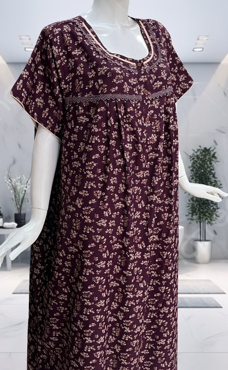 Wine Colour Garden Spun  Nighty. Flowy Spun Fabric | Laces and Frills