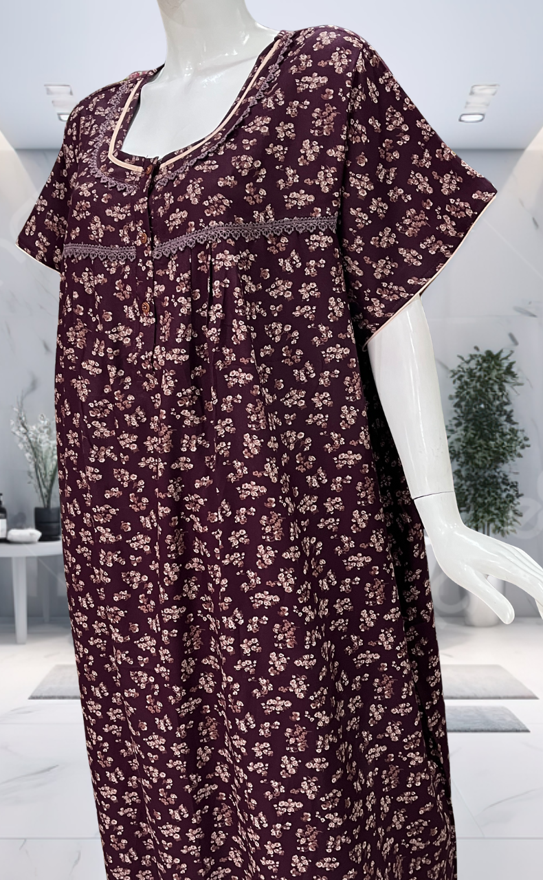 Wine Colour Garden Spun  Nighty. Flowy Spun Fabric | Laces and Frills