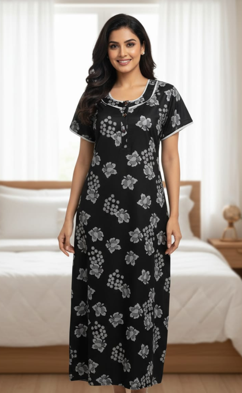 Black Floral Spun  Nighty. Flowy Spun Fabric | Laces and Frills