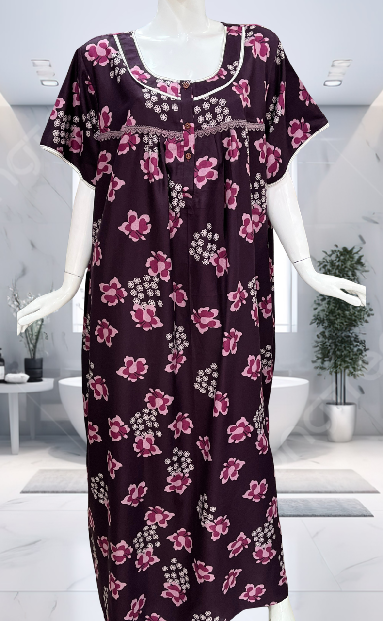 Wine Colour Floral Spun  Nighty. Flowy Spun Fabric | Laces and Frills