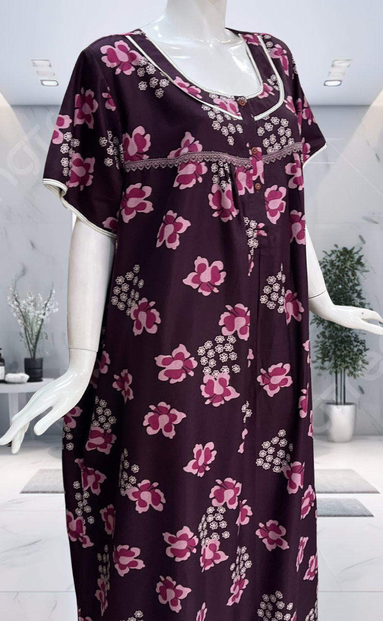 Wine Colour Floral Spun  Nighty. Flowy Spun Fabric | Laces and Frills
