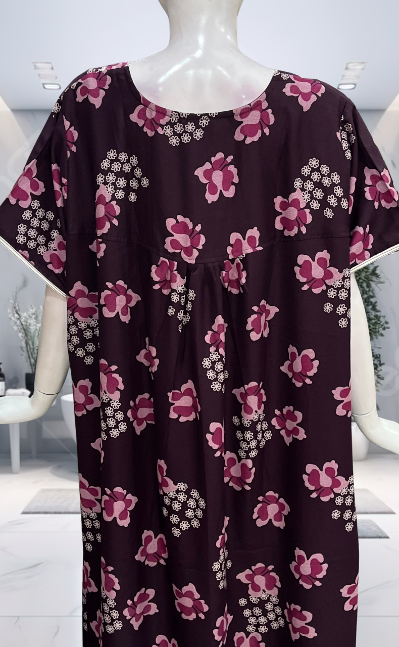 Wine Colour Floral Spun  Nighty. Flowy Spun Fabric | Laces and Frills