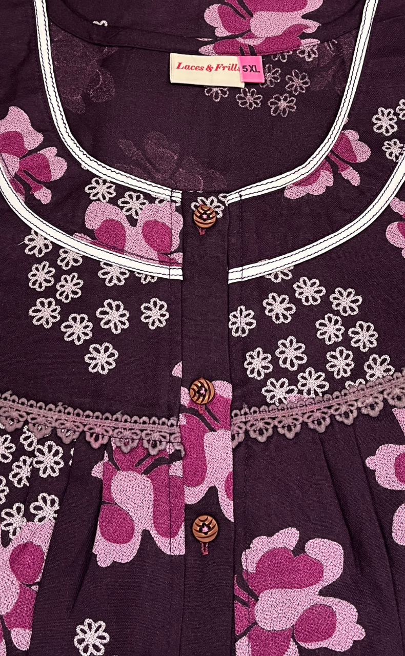 Wine Colour Floral Spun  Nighty. Flowy Spun Fabric | Laces and Frills