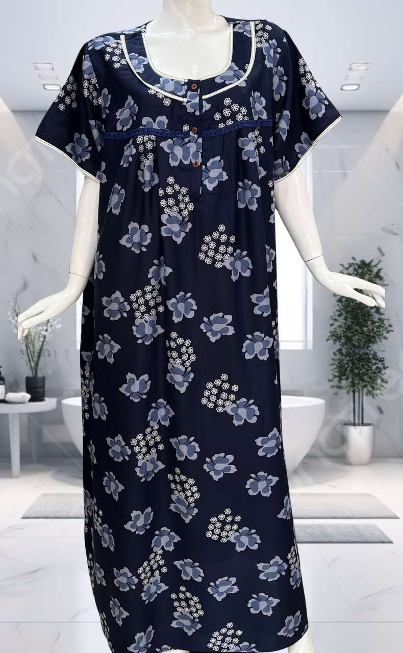 Navy Blue Floral Spun  Nighty. Flowy Spun Fabric | Laces and Frills