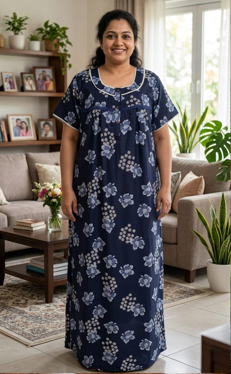 Navy Blue Floral Spun  Nighty. Flowy Spun Fabric | Laces and Frills