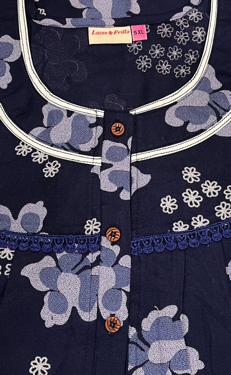 Navy Blue Floral Spun  Nighty. Flowy Spun Fabric | Laces and Frills