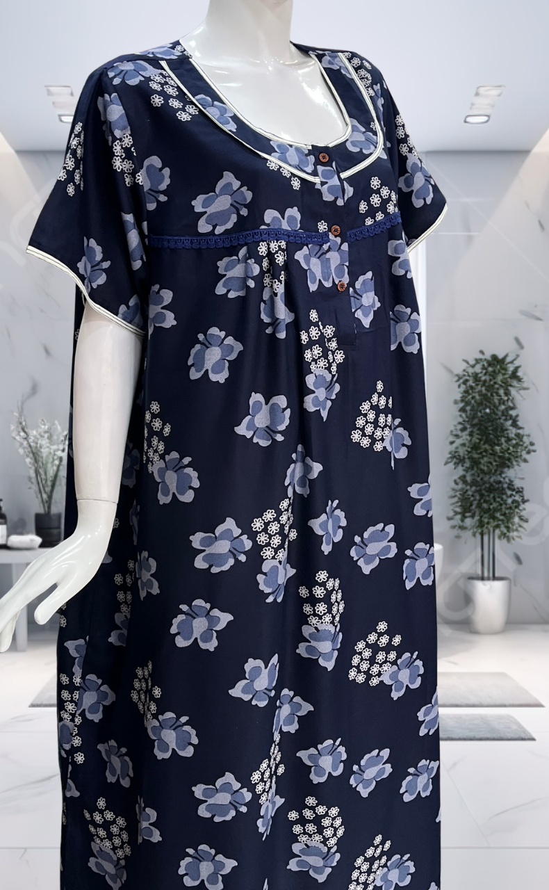 Navy Blue Floral Spun  Nighty. Flowy Spun Fabric | Laces and Frills