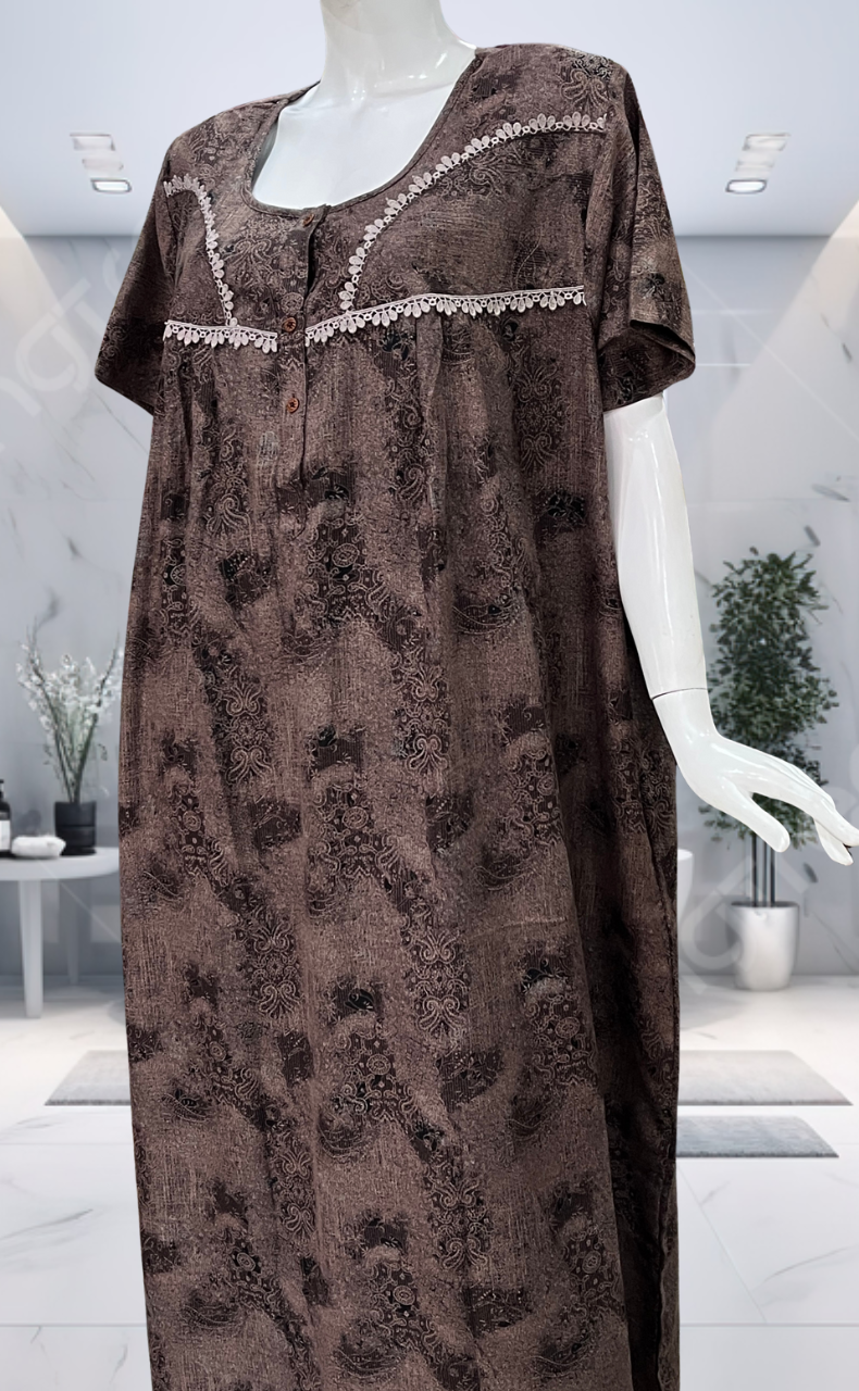 Peach/Black Digital Print Spun Nighty. Flowy Spun Fabric | Laces and Frills