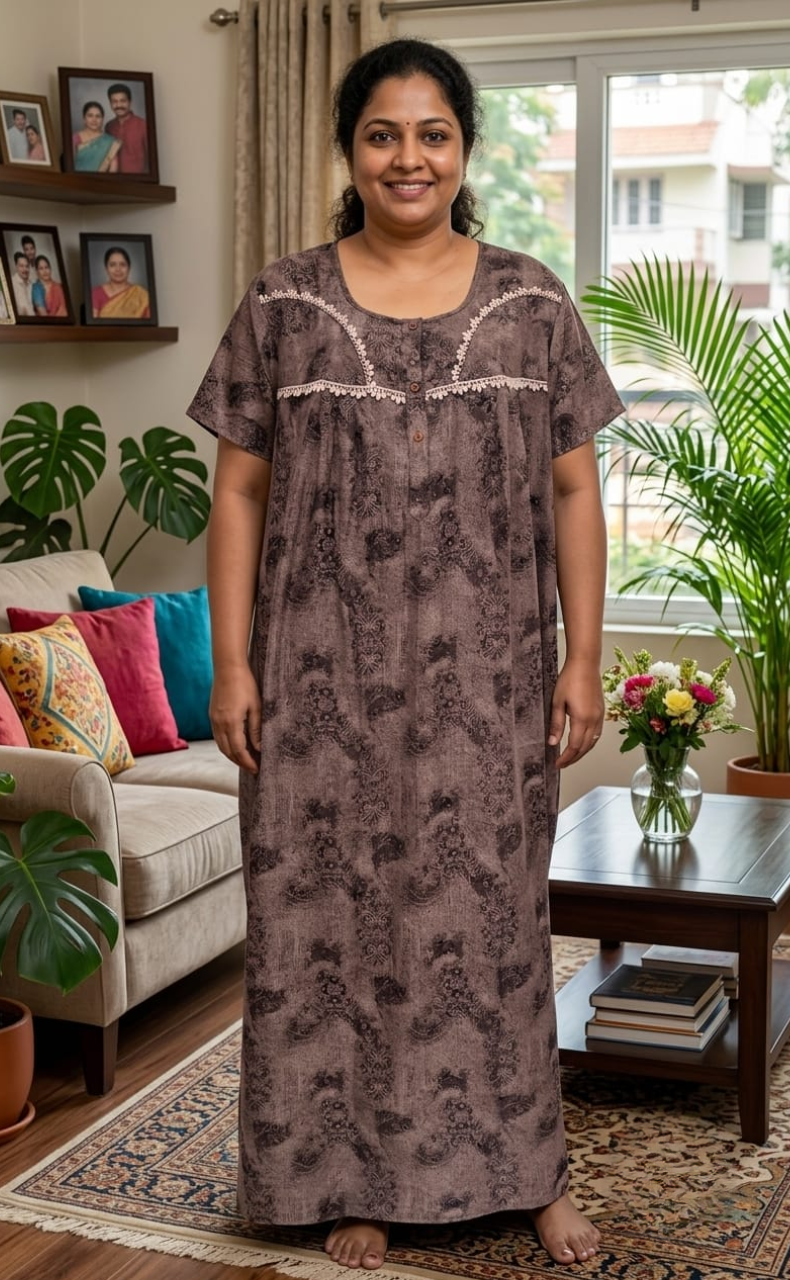 Peach/Black Digital Print Spun Nighty. Flowy Spun Fabric | Laces and Frills