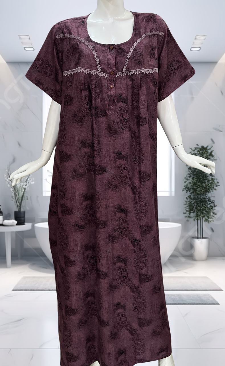 Purple/Black Digital Print Spun Nighty. Flowy Spun Fabric | Laces and Frills