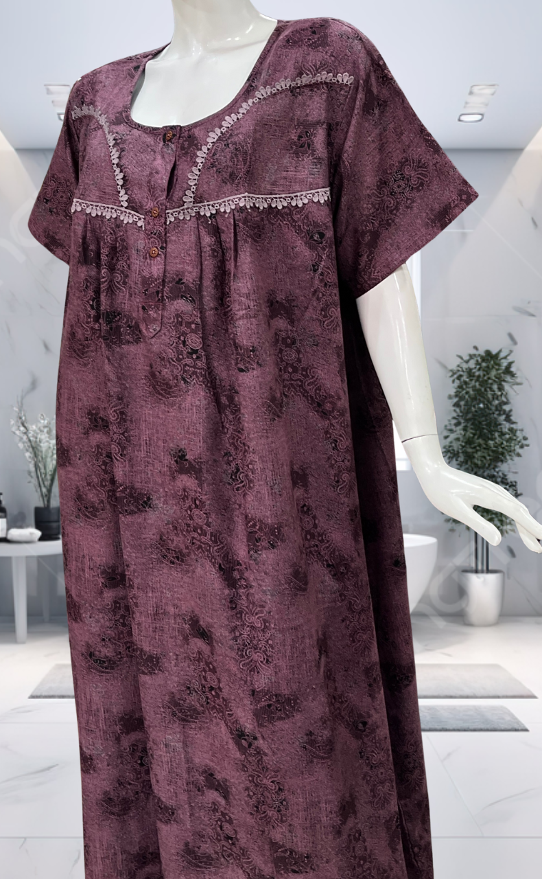 Purple/Black Digital Print Spun Nighty. Flowy Spun Fabric | Laces and Frills