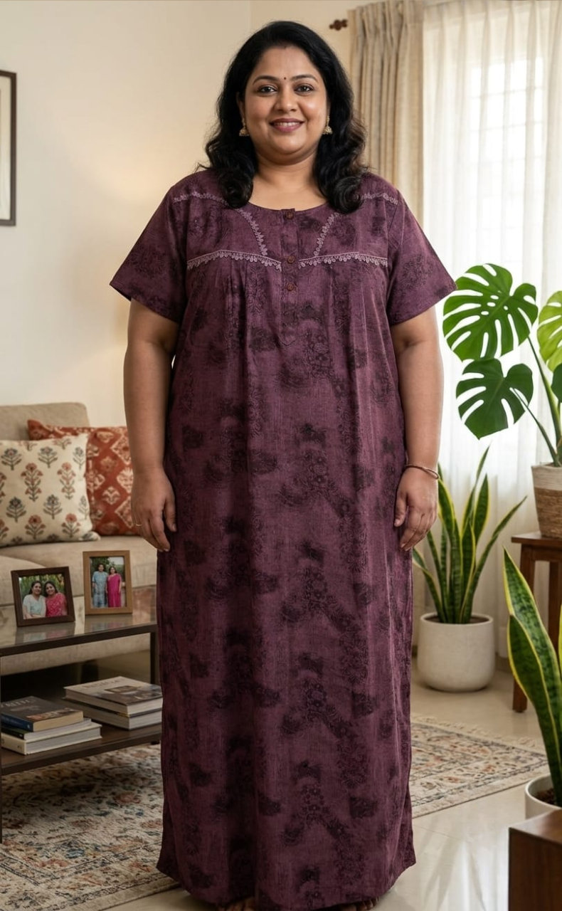 Purple/Black Digital Print Spun Nighty. Flowy Spun Fabric | Laces and Frills